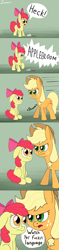 Size: 1650x6989 | Tagged: safe, artist:zaponator, apple bloom, applejack, earth pony, pony, absurd resolution, comic, dialogue, female, filly, floppy ears, heck, hypocrisy, irony, mare, open mouth, sitting, speech bubble, vulgar