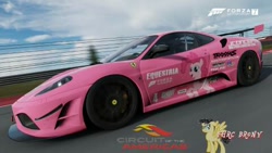 Size: 480x270 | Tagged: safe, artist:forzaveteranenigma, pinkie pie, pony, fanfic:equestria motorsports, car, circuit of the americas, driving, ferrari, ferrari 430 scuderia, forza motorsport 7, photo, racing