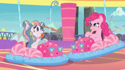 Size: 1920x1080 | Tagged: safe, artist:rem-ains, pinkie pie, oc, bat pony, earth pony, pony, bumper cars, female, mare, tongue out