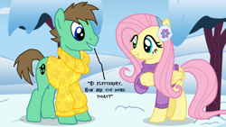 Size: 1920x1080 | Tagged: safe, artist:cloudyglow, artist:ianpony98, artist:mlpblueray, fluttershy, oc, oc:ian, pegasus, pony, clothes, earmuffs, pattern, sweater, talking, text