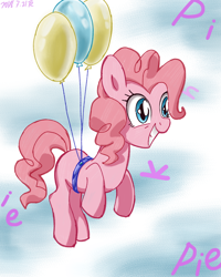 Size: 800x1000 | Tagged: safe, artist:tastyrainbow, pinkie pie, earth pony, pony, balloon, cloud, cute, diapinkes, female, floating, flying, food, grin, happy, laughing, letter, mare, missing cutie mark, pi, pie, smiling, solo, squee, text, then watch her balloons lift her up to the sky, wide eyes