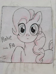 Size: 3120x4160 | Tagged: safe, artist:tastyrainbow, pinkie pie, earth pony, pony, big eyes, cute, doubt, freehand, smiley face