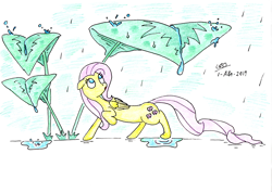 Size: 3500x2477 | Tagged: safe, artist:gafelpoez, fluttershy, pegasus, pony, female, folded wings, forest, leaf umbrella, looking up, mare, plant, queen, rain, raised hoof, solo, storm, traditional art, wet, wings