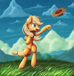 Size: 2327x2388 | Tagged: safe, artist:francusfri, applejack, earth pony, pony, belly button, bipedal, cloud, ear fluff, female, grass field, hat, solo