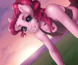 Size: 4724x3942 | Tagged: safe, artist:pitchyy, pinkie pie, anthro, breasts, cleavage, clothes, female, looking at you, pinkie pies, smiling, solo, sunset