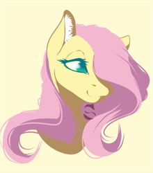 Size: 431x490 | Tagged: safe, artist:sgtscribbles, edit, part of a set, fluttershy, pegasus, pony, bust, cropped, ear fluff, female, hair over one eye, lidded eyes, mare, simple background, smiling, solo, watermark, yellow background