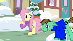 Size: 1280x720 | Tagged: source needed, safe, artist:ianpony98, edit, edited screencap, screencap, fluttershy, oc, oc:ian, pegasus, pony, best gift ever, clothes, crying, duo, earmuffs, sweater, winter outfit