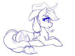 Size: 2048x1536 | Tagged: safe, artist:ratofdrawn, applejack, earth pony, pony, chest fluff, cowboy hat, explicit source, female, hat, mare, monochrome, profile, prone, simple background, sketch, solo, white background