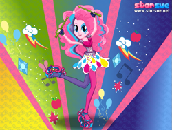 Size: 795x600 | Tagged: safe, artist:user15432, pinkie pie, human, equestria girls, rainbow rocks, clothes, dressup, drumsticks, fingerless gloves, gloves, high heels, humanized, leggings, ponied up, pony ears, rainbow hair, rock and roll, rockstar, shoes, starsue