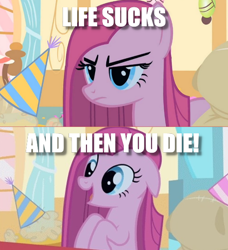 Size: 532x583 | Tagged: safe, pinkie pie, earth pony, pony, angry, caption, dark, happy, image macro, pinkamena diane pie, text, truth