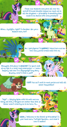 Size: 739x1384 | Tagged: safe, bon bon, dj pon-3, gallus, sandbar, silverstream, smolder, sweetie drops, twilight sparkle, twilight sparkle (alicorn), vinyl scratch, yona, alicorn, pony, unicorn, school daze, dialogue, gameloft