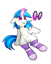 Size: 1096x1368 | Tagged: safe, artist:tallaferroxiv, dj pon-3, vinyl scratch, pony, unicorn, belly button, clothes, glasses off, magic, purple eyes, simple background, smiling, socks, solo, striped socks, white background