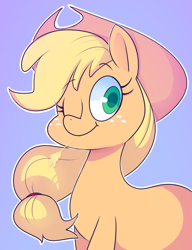 Size: 793x1031 | Tagged: safe, artist:norithecat, applejack, earth pony, pony, blue background, cowboy hat, female, freckles, hat, looking at you, mare, one eye closed, simple background, white outline