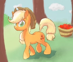 Size: 1198x1024 | Tagged: safe, artist:noupu, applejack, earth pony, pony, apple, basket, female, food, mare, solo