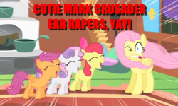 Size: 1153x694 | Tagged: safe, edit, edited screencap, screencap, apple bloom, fluttershy, scootaloo, sweetie belle, pegasus, pony, stare master, cringing, cutie mark crusaders, ear rape, vulgar, yelling