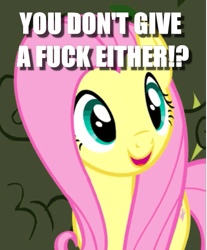 Size: 429x519 | Tagged: safe, edit, edited screencap, screencap, fluttershy, pegasus, pony, the return of harmony, caption, cropped, exclamation point, image macro, interrobang, no fucks, question, question mark, solo, text, vulgar
