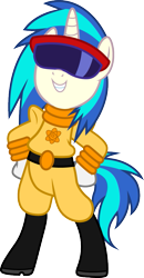 Size: 519x1000 | Tagged: safe, artist:cloudyglow, dj pon-3, vinyl scratch, pony, unicorn, a goofy movie, bipedal, clothes, cosplay, costume, crossover, cute, disney, female, feminism, power line, simple background, solo, transparent background, vinylbetes, vinylsass, visor