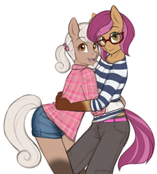 Size: 3500x3883 | Tagged: safe, artist:askbubblelee, oc, oc only, oc:hazel nutt, oc:macadamia nutt, anthro, earth pony, anthro oc, clothes, cute, female, fraternal twins, glasses, hug, looking at you, mare, open mouth, open smile, pants, plaid shirt, shorts, siblings, simple background, sisters, smiling, twin sisters, twins, white background