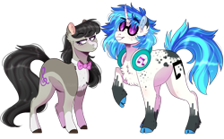 Size: 1385x861 | Tagged: safe, artist:wanderingpegasus, dj pon-3, octavia melody, vinyl scratch, earth pony, pony, unicorn, alternate hairstyle, bowtie, chest fluff, cloven hooves, coat markings, dappled, ear fluff, female, freckles, glasses, grin, headphones, lesbian, mare, raised hoof, redesign, scratchtavia, shipping, simple background, size difference, smiling, transparent background, unshorn fetlocks, vinyl's glasses