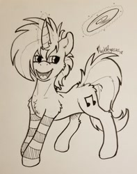 Size: 1440x1827 | Tagged: safe, artist:punk-pegasus, dj pon-3, vinyl scratch, pony, unicorn, clothes, magic, monochrome, record, socks, solo, striped socks, traditional art