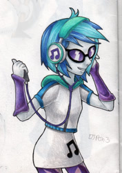 Size: 1024x1447 | Tagged: safe, artist:andpie, dj pon-3, vinyl scratch, equestria girls, clothes, cutie mark on clothes, female, headphones, leggings, listening, music, simple background, solo, sunglasses, traditional art, white background