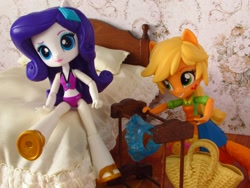 Size: 1600x1200 | Tagged: safe, artist:whatthehell!?, applejack, rarity, equestria girls, beach, bed, bedroom, boots, clothes, doll, equestria girls minis, handbag, irl, photo, sandals, sarong, shoes, skirt, swimsuit, toy