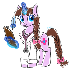 Size: 4056x3647 | Tagged: safe, artist:kaikururu, oc, oc only, pony, absurd resolution, bow, braid, braided tail, clipboard, doctor, hair bow, magic, quill, simple background, solo, stethoscope, tail bow, white background