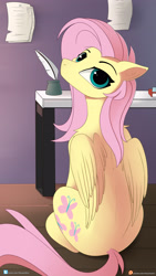 Size: 2160x3840 | Tagged: safe, artist:hevityaus, fluttershy, pegasus, pony, book, cute, desk, ear fluff, female, floppy ears, fluffy, high res, lidded eyes, looking at you, looking back, looking back at you, mare, paper, patreon, patreon logo, quill, shoulder fluff, shyabetes, sitting, solo, table, wing fluff, wings