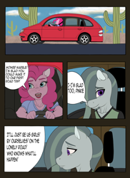 Size: 1350x1850 | Tagged: safe, artist:madara, marble pie, pinkie pie, anthro, earth pony, car, clothes, comic cover, dialogue, duo, female, hair over one eye, lidded eyes, lipstick, mare, seatbelt, talking