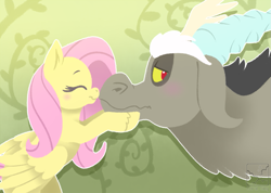 Size: 995x709 | Tagged: safe, artist:c0ralsky, artist:coralsky, discord, fluttershy, draconequus, pegasus, pony, abstract background, blushing, discoshy, eyes closed, female, floppy ears, lidded eyes, looking back, male, mare, nose kiss, shipping, smiling, straight, wavy mouth