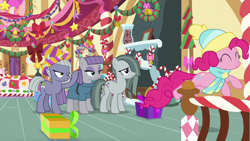 Size: 1280x720 | Tagged: safe, screencap, limestone pie, marble pie, maud pie, pinkie pie, earth pony, pony, best gift ever, bed, bow, clothes, dress, hat, pie sisters, present, scarf, siblings, sisters, streamers, sugarcube corner, wreath