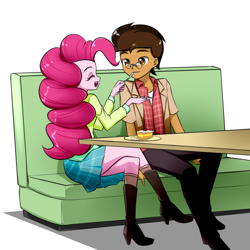 Size: 1000x1000 | Tagged: safe, artist:twilite-sparkleplz, pinkie pie, oc, oc:copper plume, equestria girls, boots, cake, canon x oc, clothes, commission, commissioner:imperfectxiii, copperpie, crossed legs, cute, date, feeding, female, food, fork, glasses, high heel boots, legs, male, pants, plaid skirt, pleated skirt, restaurant, shirt, shoes, skirt, smiling, socks, straight, table