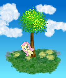 Size: 1086x1272 | Tagged: safe, artist:platinumdrop, fluttershy, pegasus, pony, cloud, digital art, solo, tree