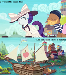 Size: 945x1080 | Tagged: safe, edit, edited screencap, screencap, applejack, rarity, earth pony, pony, unicorn, ppov, background pony, cap, clothes, cropped, devon cody, dress, flag, gilbert and sullivan, h.m.s. pinafore, hat, lyrics, marina, pier, porter, raristocrat, sailship, seaward shoals, ship, song reference, text, unnamed pony