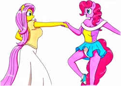 Size: 3482x2465 | Tagged: safe, artist:killerteddybear94, fluttershy, pinkie pie, anthro, pegasus, clothes, cute, dancing, female, frilly underwear, holding hands, long skirt, looking at each other, mare, miniskirt, misleading thumbnail, open mouth, panties, panty shot, shirt, shoes, simple background, skirt, skirt lift, smiling, sneakers, socks, t-shirt, traditional art, underwear, upskirt, white background, white underwear