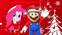 Size: 1920x1080 | Tagged: artist needed, source needed, safe, pinkie pie, equestria girls, christmas, crossover, hat, holiday, mario, mariopie, santa hat, super mario bros.