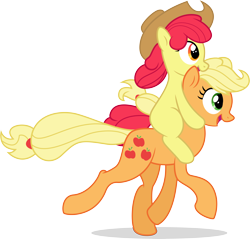 Size: 7208x6889 | Tagged: safe, artist:illumnious, artist:kp-shadowsquirrel, apple bloom, applejack, earth pony, pony, absurd resolution, accessory swap, cowboy hat, duo, filly, hat, open mouth, ponies riding ponies, running, siblings, simple background, sisters, stetson, transparent background, vector