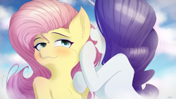 Size: 4800x2700 | Tagged: safe, artist:maneingreen, fluttershy, rarity, pegasus, pony, unicorn, blushing, cheek fluff, chest fluff, cloud, female, flarity, human shoulders, lesbian, mare, shipping, sky, whispering