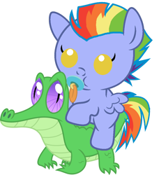 Size: 836x917 | Tagged: safe, artist:red4567, bow hothoof, gummy, pony, parental glideance, baby, baby pony, cute, pacifier, ponies riding gators, riding, simple background, white background