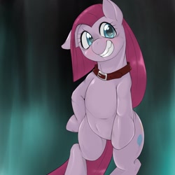 Size: 1536x1536 | Tagged: safe, artist:kurogewapony, pinkie pie, earth pony, pony, semi-anthro, collar, creepy, female, floppy ears, grin, looking at you, pinkamena diane pie, smiling, solo, standing