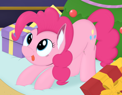 Size: 4250x3300 | Tagged: safe, artist:arcane-thunder, pinkie pie, earth pony, pony, the great escape room, behaving like a cat, christmas, crouching, cute, diapinkes, ear fluff, female, hearth's warming, holiday, mare, present, scene interpretation, solo, tongue out