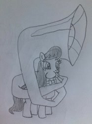 Size: 1024x1366 | Tagged: safe, artist:puffedcheekedblower, octavia melody, earth pony, pony, musical instrument, pencil drawing, puffy cheeks, solo, sousaphone, traditional art, tuba