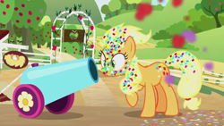 Size: 1280x720 | Tagged: safe, screencap, applejack, earth pony, pony, yakity-sax, confetti, party cannon, silly, silly pony, sweet apple acres, who's a silly pony