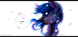 Size: 1487x720 | Tagged: safe, artist:midnightsix3, artist:rakikubit, oc, oc only, oc:nyreen eventide, pony, collaboration, bow (instrument), petals, simple background, solo, violin bow, white background