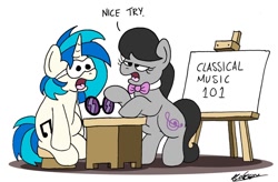 Size: 1024x670 | Tagged: safe, artist:bobthedalek, dj pon-3, octavia melody, vinyl scratch, earth pony, pony, unicorn, blindfold, desk, drool, easel, female, nice try, octavia is not amused, sleep mask, sleeping, teaching, unamused