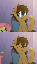 Size: 2300x4000 | Tagged: safe, artist:fluffyxai, fluttershy, oc, oc:spirit wind, pegasus, pony, cute, daaaaaaaaaaaw, food, muffin, scared, shyabetes, smiling, tumblr:ask spirit wind