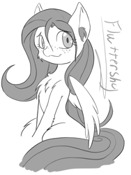 Size: 1536x2048 | Tagged: safe, artist:steelsoul, fluttershy, pegasus, pony, cheek fluff, chest fluff, ear fluff, freckles, leg fluff, looking at you, monochrome, solo