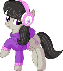 Size: 6161x6910 | Tagged: safe, artist:cyanlightning, octavia melody, earth pony, pony, .svg available, :p, absurd resolution, backwards cutie mark, clothes, cute, ear fluff, female, headphones, hoodie, looking at you, mare, raised leg, simple background, solo, sweater, tongue out, transparent background, vector