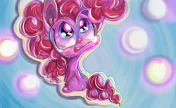 Size: 914x564 | Tagged: safe, artist:ranhkinh, pinkie pie, pony, beanbrows, big eyes, chibi, colorful, cute, diapinkes, eyebrows, head turn, open mouth, sitting, solo