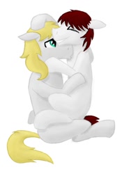 Size: 896x1280 | Tagged: safe, artist:chronicle23, artist:cloppershy, oc, oc only, oc:lucky stone, pony, blank flank, cuddling, lap sitting, male, simple background, stallion, white background